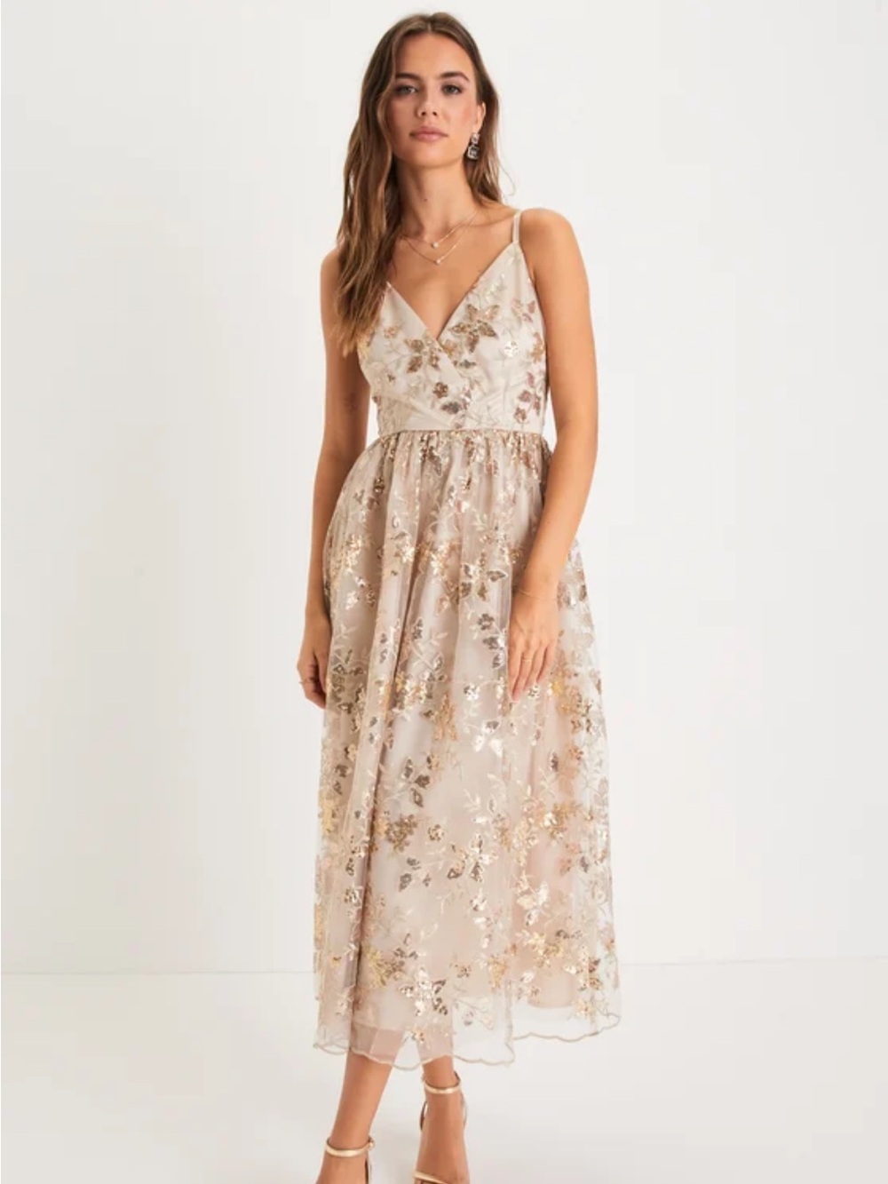 NWT Lulus Women’s Size Small Ivory Gold Floral Sequin Embroidered